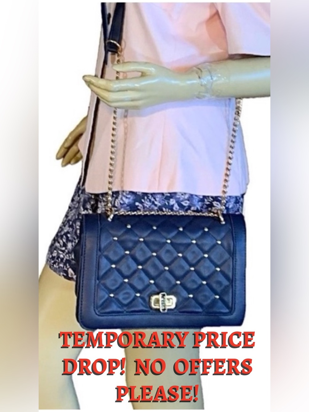 BADGLEY MISCHKA BLUE VEGAN LEATHER WITH GOLD TONE STUDS ADJUSTABLE CROSSBODY BAG
